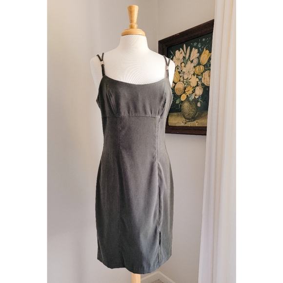 90s Green Faux Suede 1990s Vintage Split Strap Scoop Neck VTG Slip Dress - Picture 8 of 12